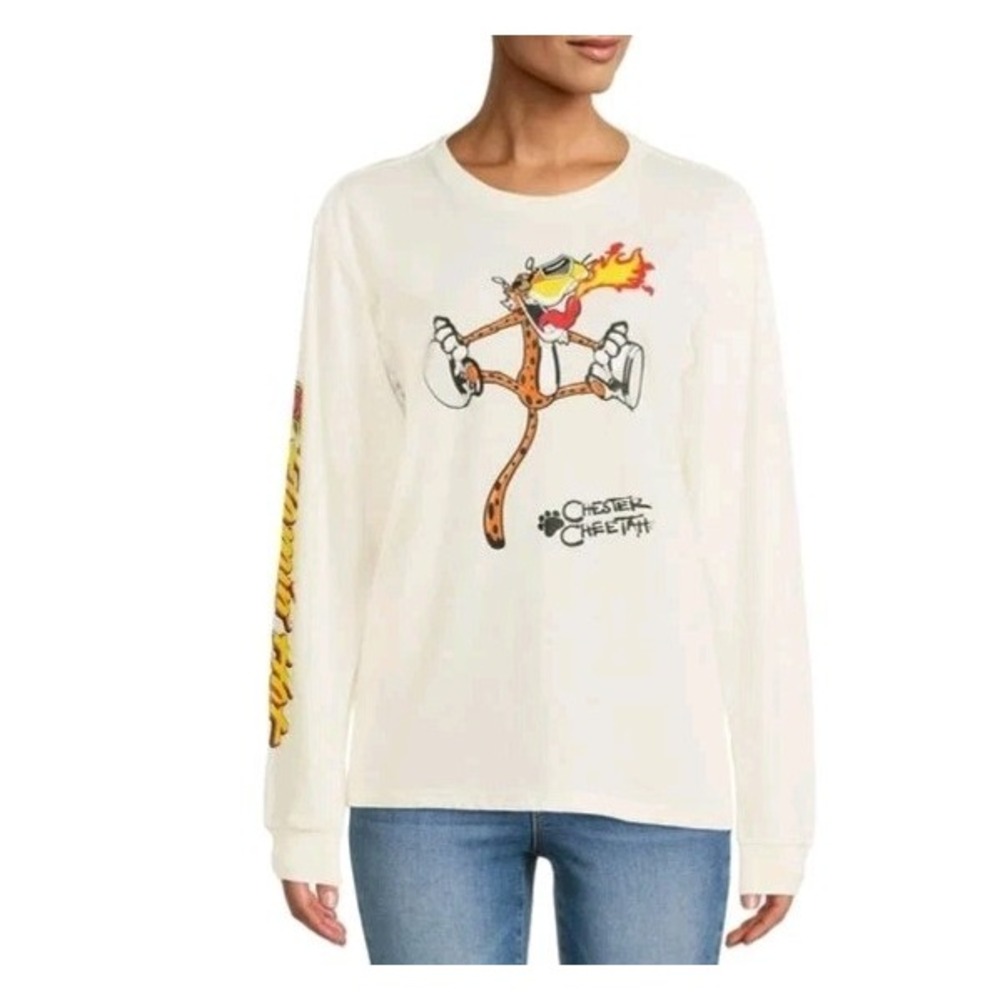 Chester Cheetos‎ Cheetah T Shirt Size XXXL Cheetos Long Sleeve Cream Flaming Hot